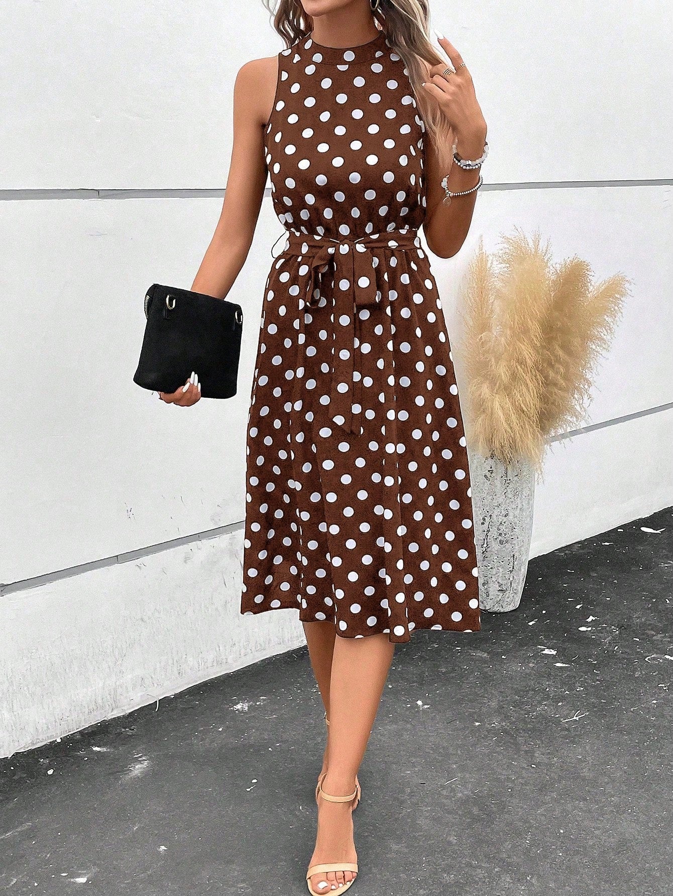 Clasi Black And White Polka Dot Summer Elegant Tea Party Dress,Women's Polka Dot Print Belted Casual Long Dresses,Wedding Guest Party Beach Vacation Outfit