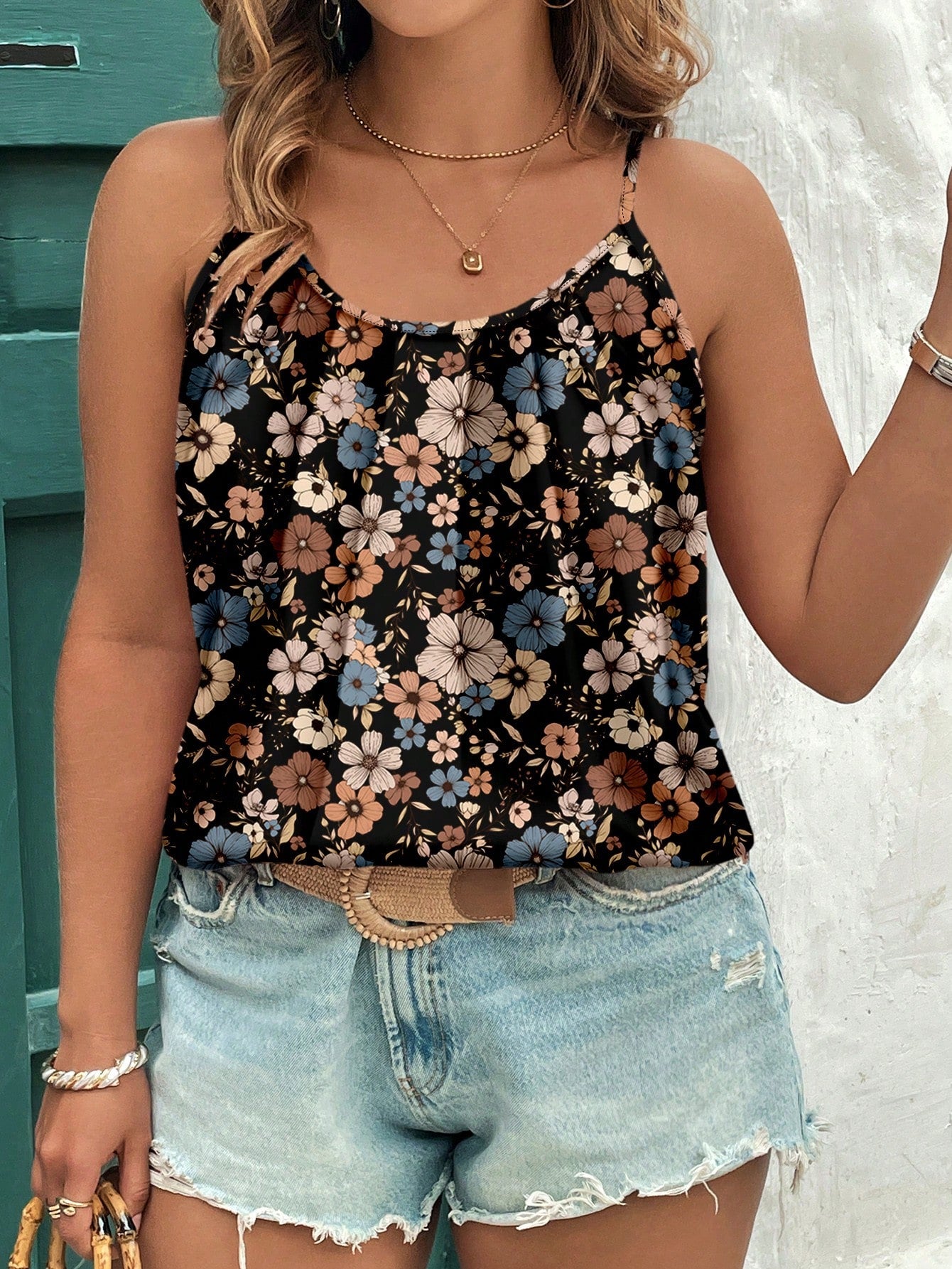 Clasi Mother's Day Casual Retro Ditsy Floral Elegant Plus Size Camisole Top, Suitable For Summer Beach Holiday,Flower/Vacation/Spring