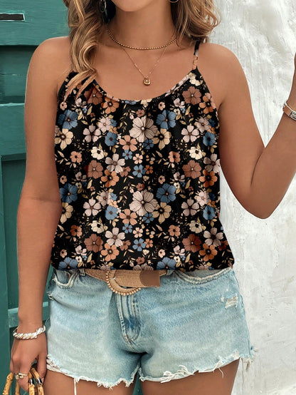 Clasi Mother's Day Casual Retro Ditsy Floral Elegant Plus Size Camisole Top, Suitable For Summer Beach Holiday,Flower/Vacation/Spring