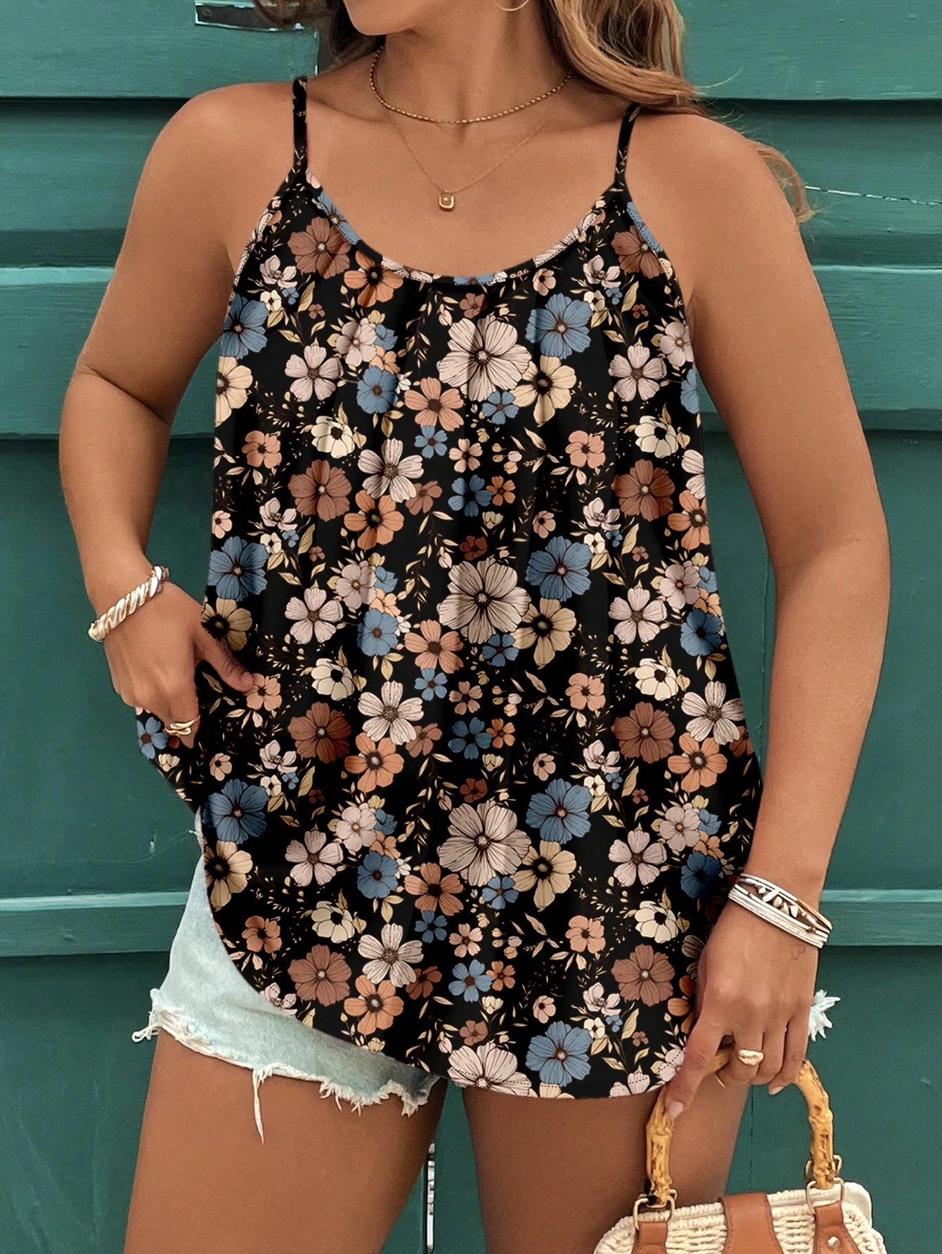 Clasi Mother's Day Casual Retro Ditsy Floral Elegant Plus Size Camisole Top, Suitable For Summer Beach Holiday,Flower/Vacation/Spring