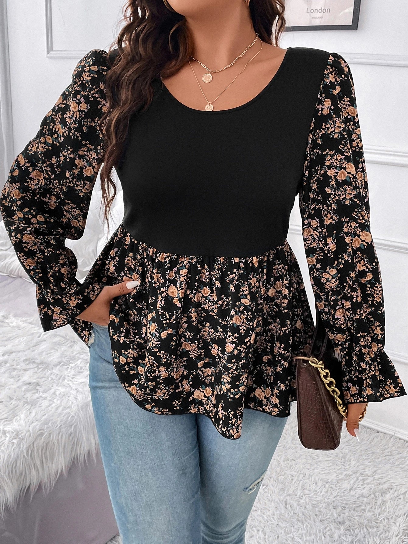 Clasi Plus Size Women Black Crew Neck High Elastic Knit Tank Top,Colorblocked Ditsy Floral,Fitted Waist A-Line,Ruffle Cuff Sleeves,Elegant Autumn Everyday
