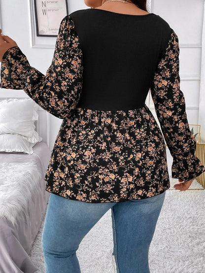 Clasi Plus Size Women Black Crew Neck High Elastic Knit Tank Top,Colorblocked Ditsy Floral,Fitted Waist A-Line,Ruffle Cuff Sleeves,Elegant Autumn Everyday