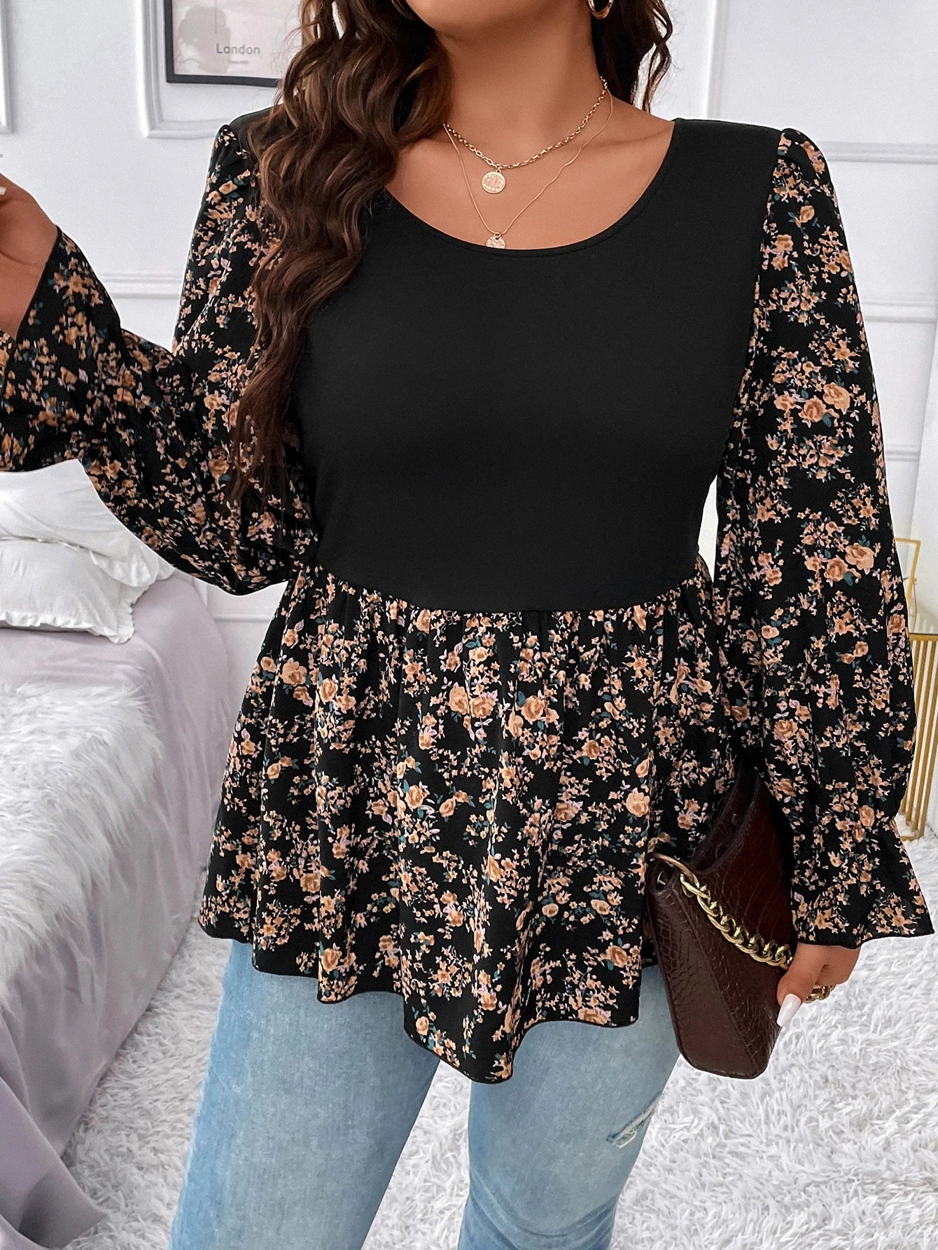 Clasi Plus Size Women Black Crew Neck High Elastic Knit Tank Top,Colorblocked Ditsy Floral,Fitted Waist A-Line,Ruffle Cuff Sleeves,Elegant Autumn Everyday