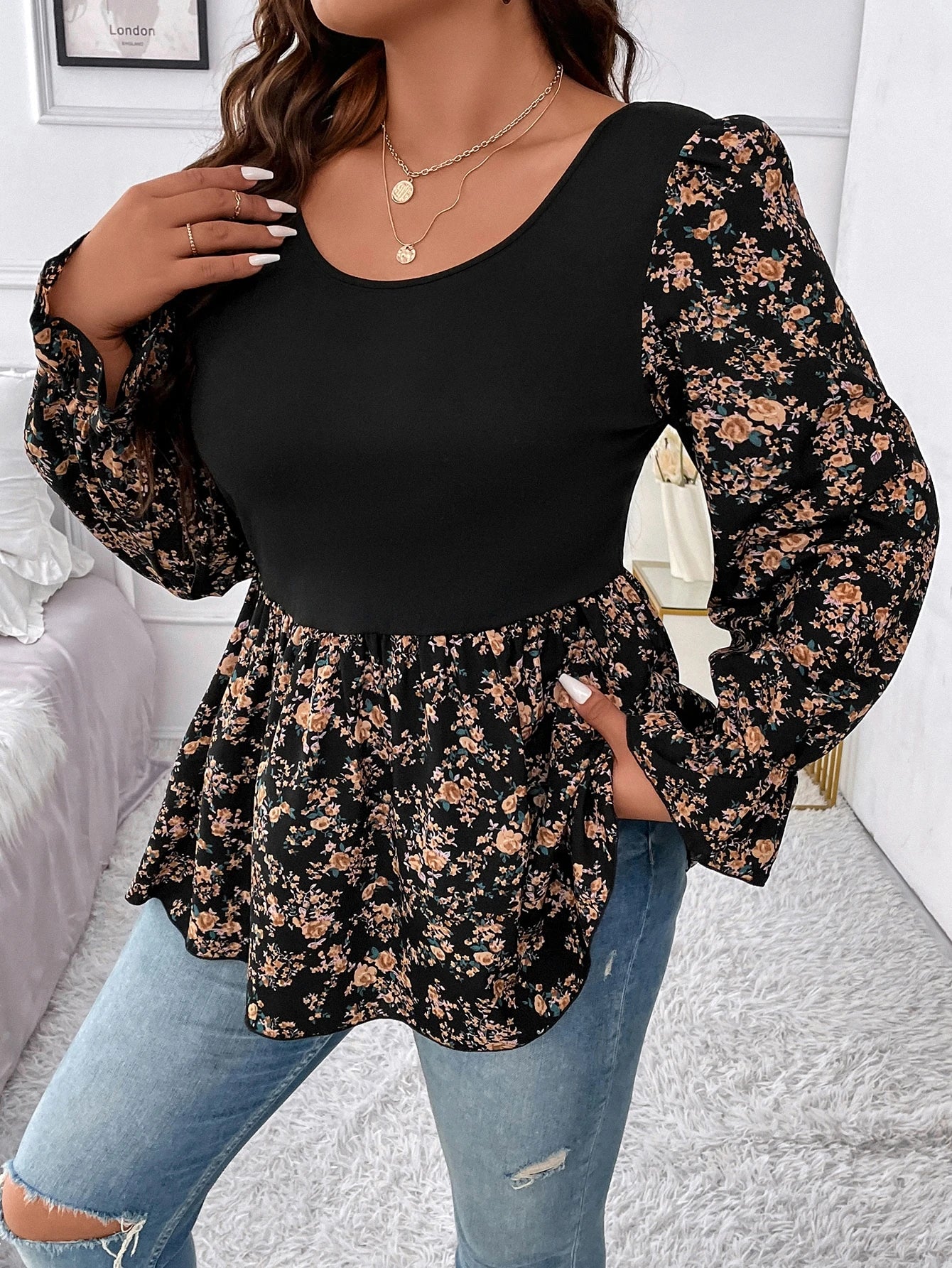 Clasi Plus Size Women Black Crew Neck High Elastic Knit Tank Top,Colorblocked Ditsy Floral,Fitted Waist A-Line,Ruffle Cuff Sleeves,Elegant Autumn Everyday