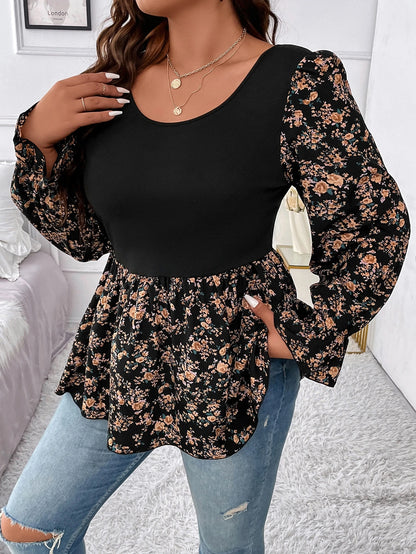 Clasi Plus Size Women Black Crew Neck High Elastic Knit Tank Top,Colorblocked Ditsy Floral,Fitted Waist A-Line,Ruffle Cuff Sleeves,Elegant Autumn Everyday