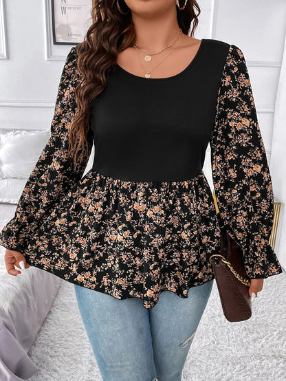 Clasi Plus Size Women Black Crew Neck High Elastic Knit Tank Top,Colorblocked Ditsy Floral,Fitted Waist A-Line,Ruffle Cuff Sleeves,Elegant Autumn Everyday
