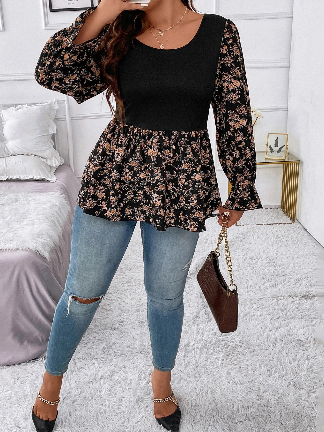 Clasi Plus Size Women Black Crew Neck High Elastic Knit Tank Top,Colorblocked Ditsy Floral,Fitted Waist A-Line,Ruffle Cuff Sleeves,Elegant Autumn Everyday
