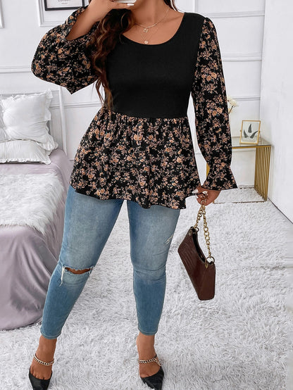Clasi Plus Size Women Black Crew Neck High Elastic Knit Tank Top,Colorblocked Ditsy Floral,Fitted Waist A-Line,Ruffle Cuff Sleeves,Elegant Autumn Everyday