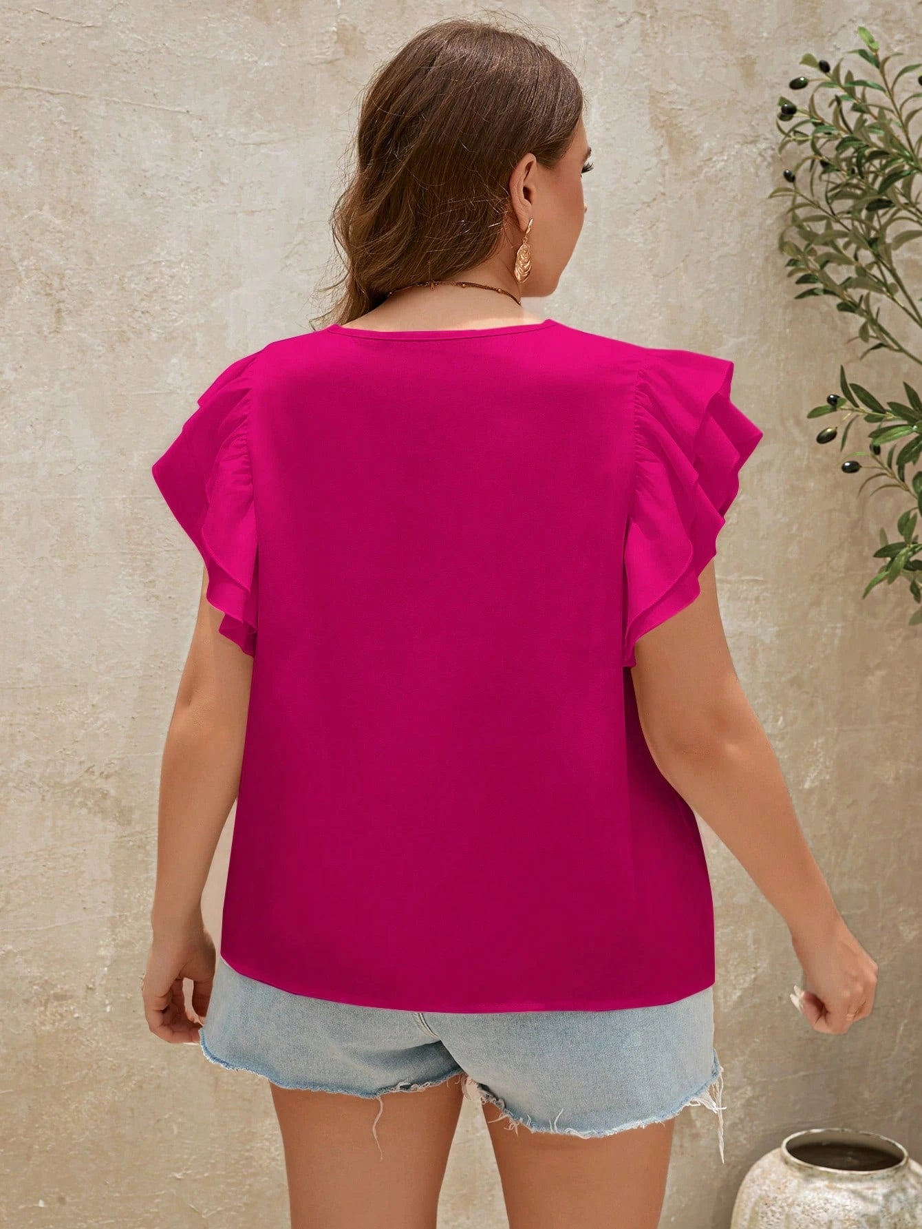 Clasi Plus Solid Butterfly Sleeve Blouse For Summer