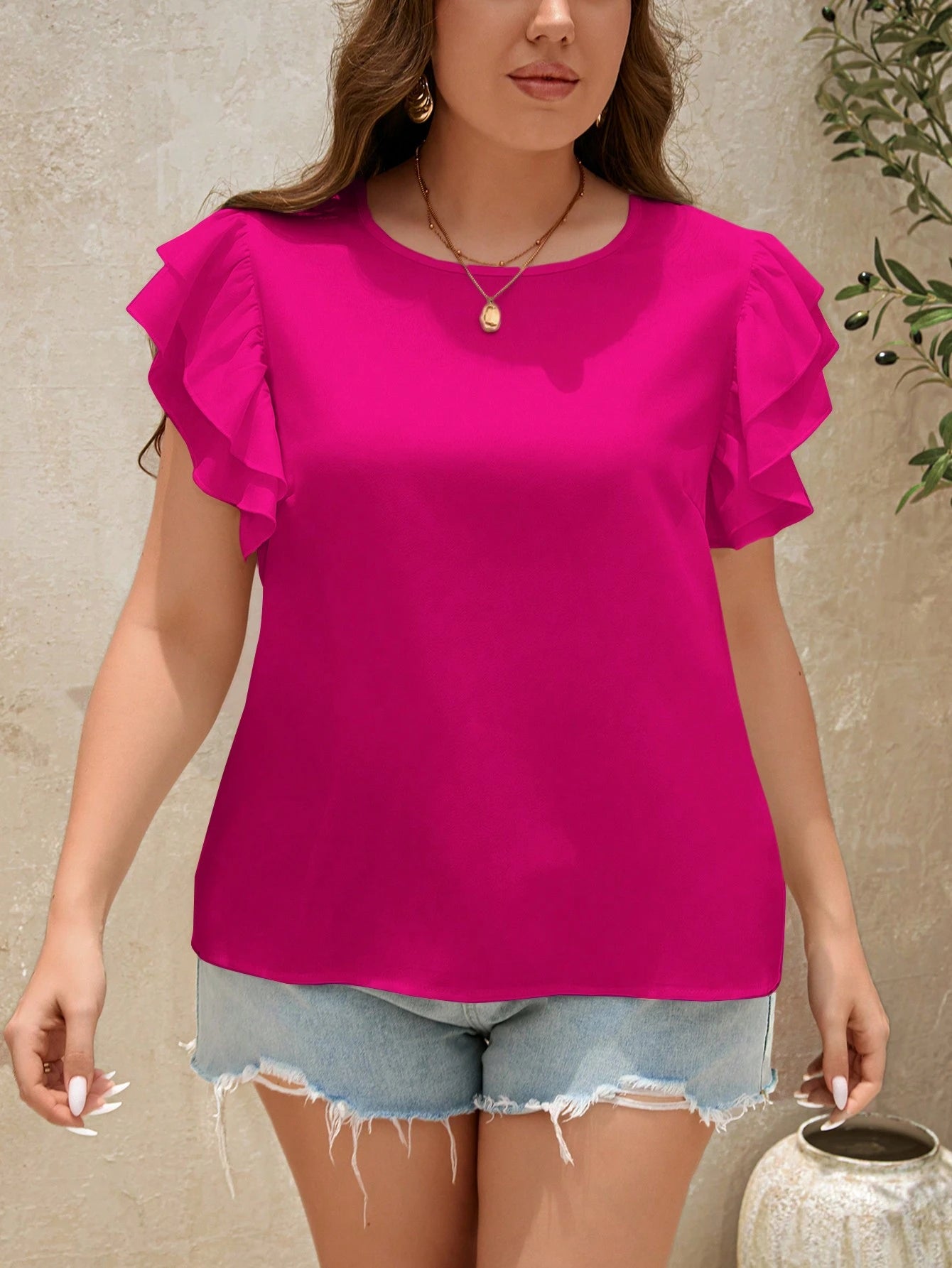 Clasi Plus Solid Butterfly Sleeve Blouse For Summer