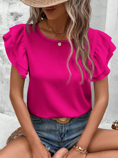 Clasi Plus Solid Butterfly Sleeve Blouse For Summer