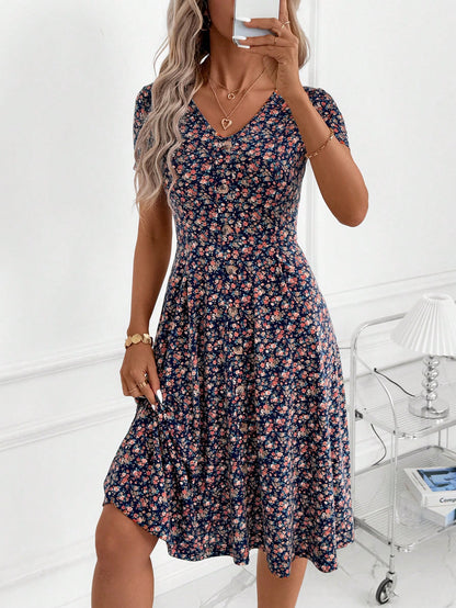 Clasi Women's Elegant Casual Tropical Navy Blue Floral Knitted Midi Dress,V Neckline Flared Hem Summer Everyday Dress For Party Vacation,Wedding Guest