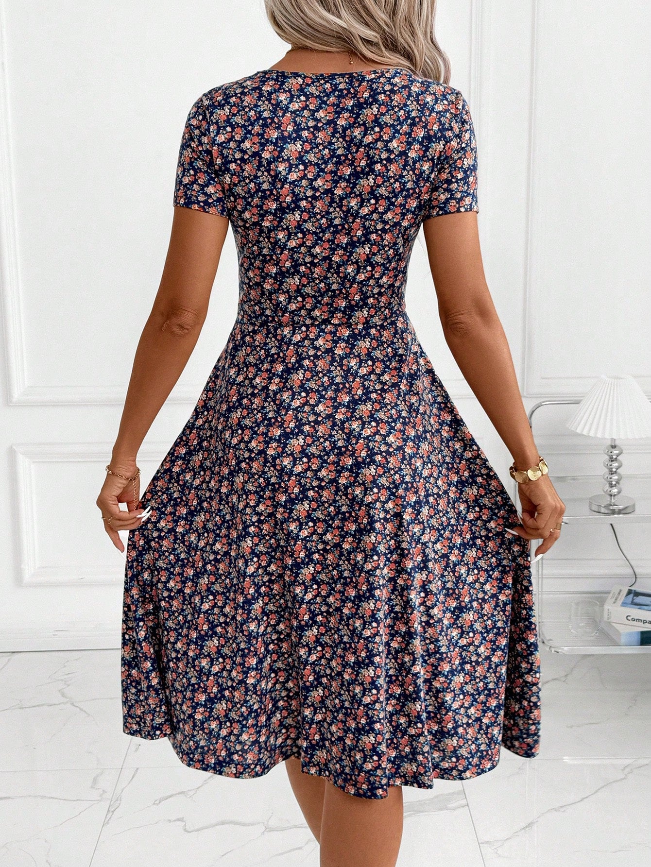 Clasi Women's Elegant Casual Tropical Navy Blue Floral Knitted Midi Dress,V Neckline Flared Hem Summer Everyday Dress For Party Vacation,Wedding Guest