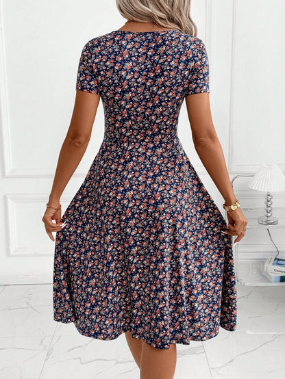 Clasi Women's Elegant Casual Tropical Navy Blue Floral Knitted Midi Dress,V Neckline Flared Hem Summer Everyday Dress For Party Vacation,Wedding Guest