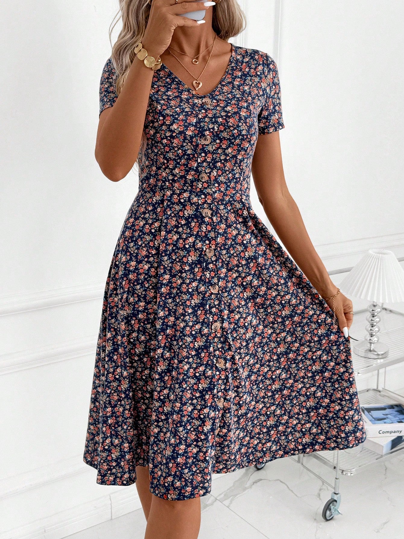 Clasi Women's Elegant Casual Tropical Navy Blue Floral Knitted Midi Dress,V Neckline Flared Hem Summer Everyday Dress For Party Vacation,Wedding Guest