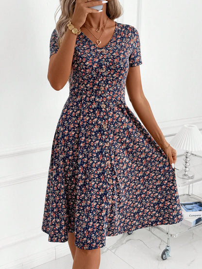 Clasi Women's Elegant Casual Tropical Navy Blue Floral Knitted Midi Dress,V Neckline Flared Hem Summer Everyday Dress For Party Vacation,Wedding Guest