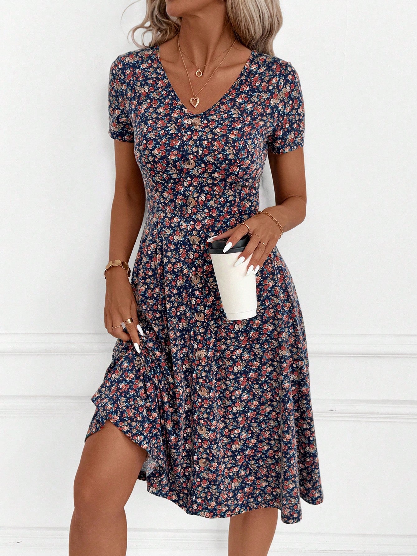 Clasi Women's Elegant Casual Tropical Navy Blue Floral Knitted Midi Dress,V Neckline Flared Hem Summer Everyday Dress For Party Vacation,Wedding Guest