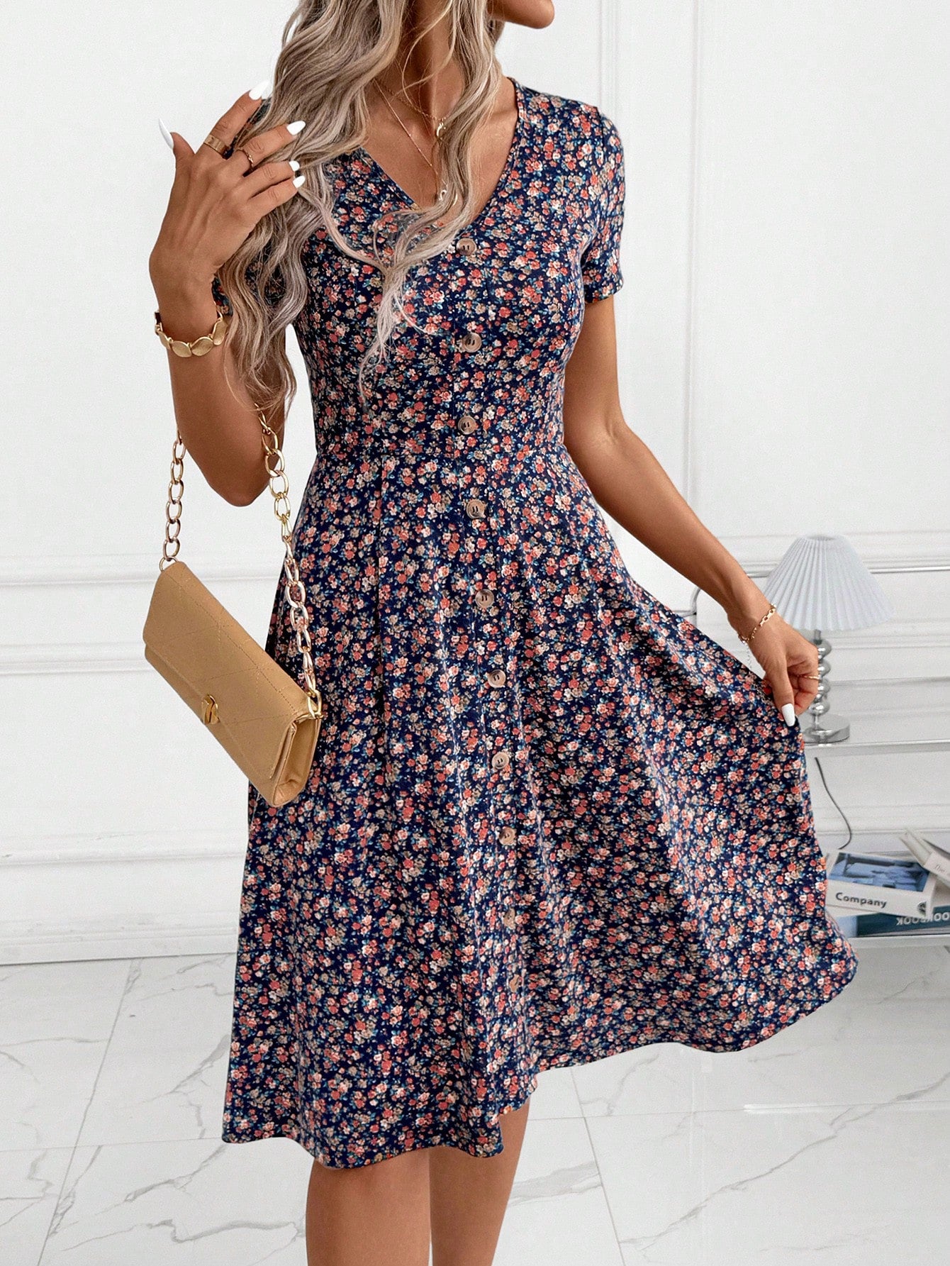 Clasi Women's Elegant Casual Tropical Navy Blue Floral Knitted Midi Dress,V Neckline Flared Hem Summer Everyday Dress For Party Vacation,Wedding Guest