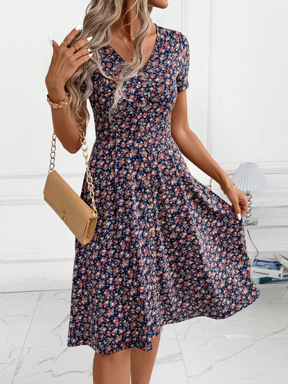 Clasi Women's Elegant Casual Tropical Navy Blue Floral Knitted Midi Dress,V Neckline Flared Hem Summer Everyday Dress For Party Vacation,Wedding Guest