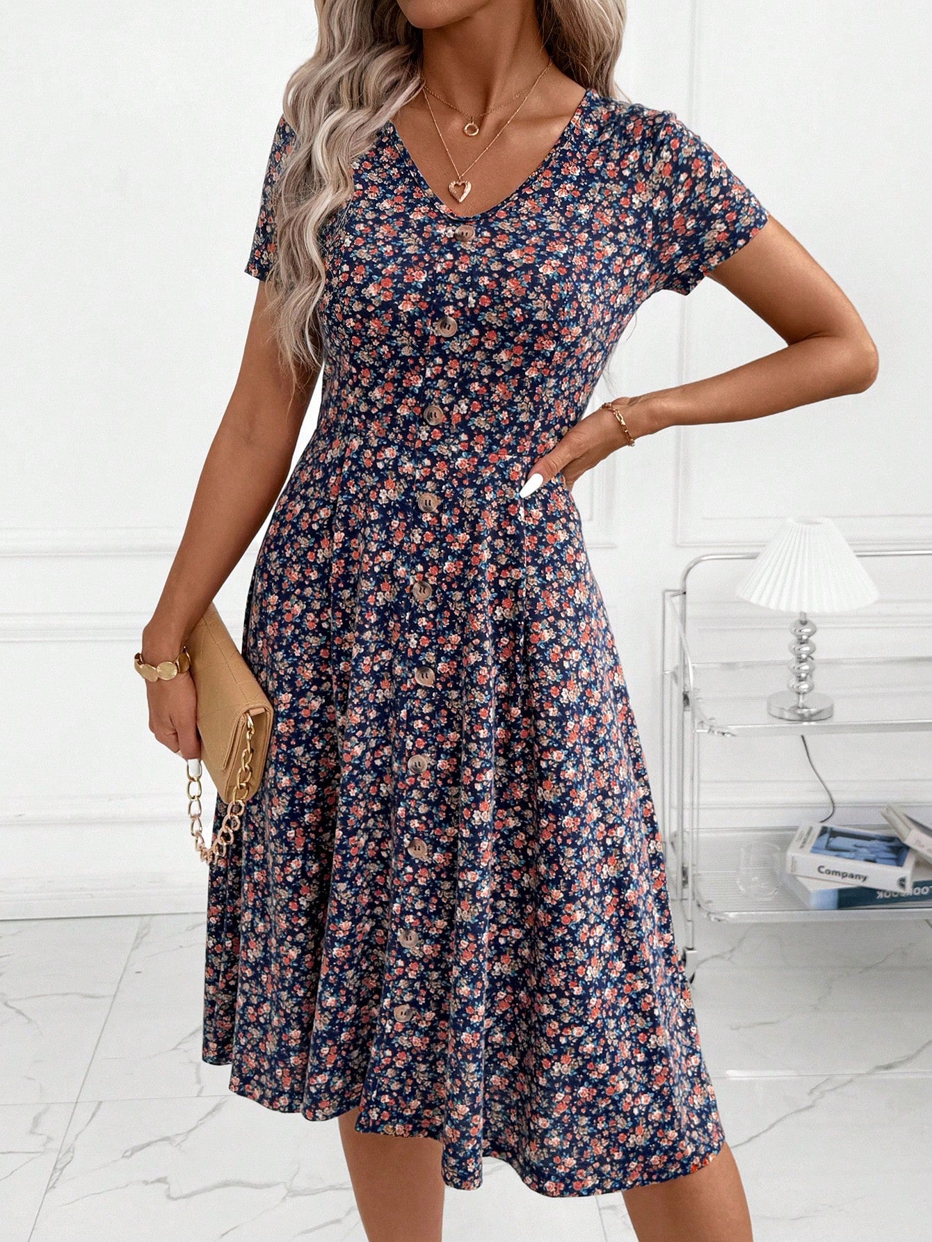 Clasi Women's Elegant Casual Tropical Navy Blue Floral Knitted Midi Dress,V Neckline Flared Hem Summer Everyday Dress For Party Vacation,Wedding Guest