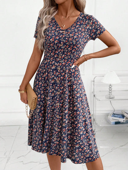 Clasi Women's Elegant Casual Tropical Navy Blue Floral Knitted Midi Dress,V Neckline Flared Hem Summer Everyday Dress For Party Vacation,Wedding Guest