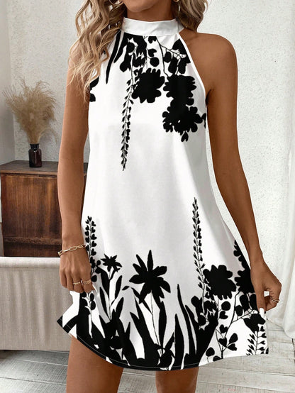 Clasi Women's Elegant Sexy Tropical White And Blue Floral Print Halter Neck Sleeveless Mini A-Line Dress Waist Cinched Summer Vacation Garden Party