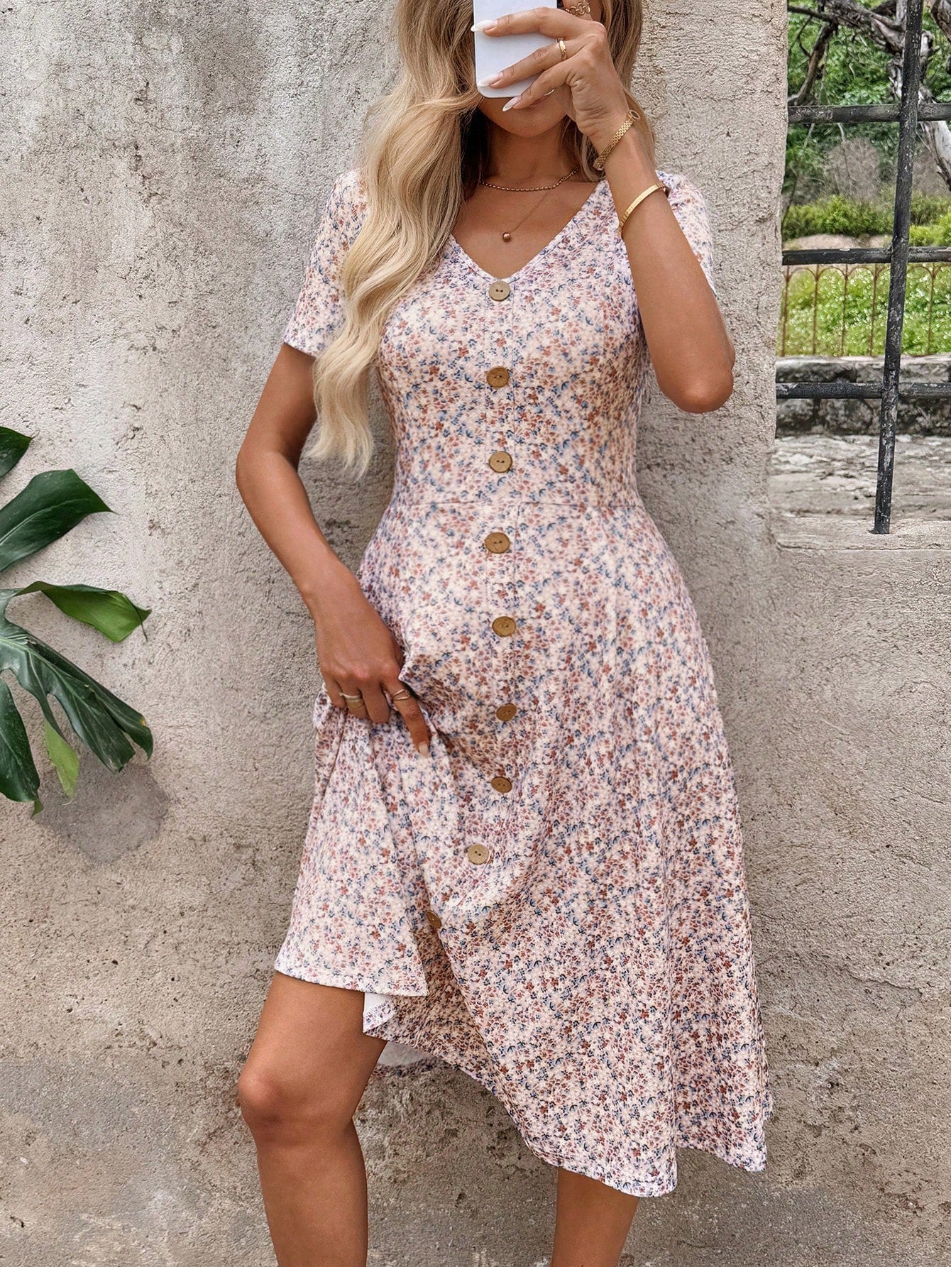Clasi Women's V-Neck Short Sleeve White Floral Wood Button Midi Dress,Summer Boho Holiday Picnic A-Line Ditsy Flower Elastic Waist Casual Beach Party Outfit