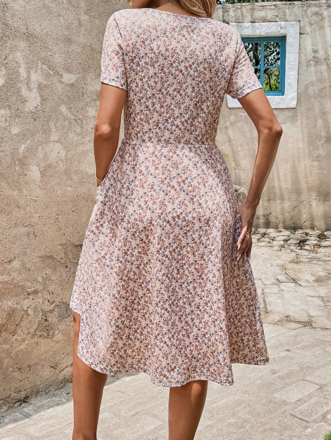 Clasi Women's V-Neck Short Sleeve White Floral Wood Button Midi Dress,Summer Boho Holiday Picnic A-Line Ditsy Flower Elastic Waist Casual Beach Party Outfit