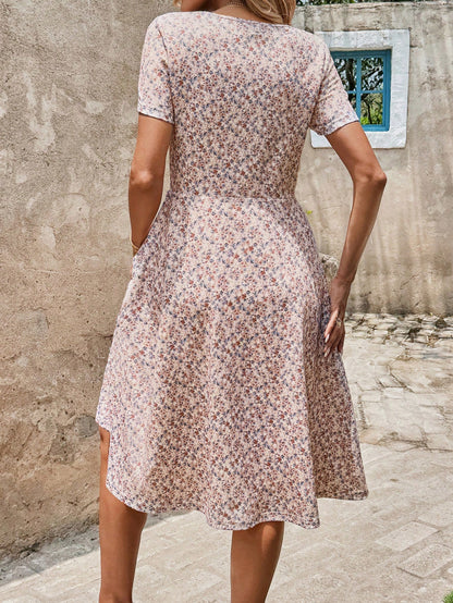 Clasi Women's V-Neck Short Sleeve White Floral Wood Button Midi Dress,Summer Boho Holiday Picnic A-Line Ditsy Flower Elastic Waist Casual Beach Party Outfit
