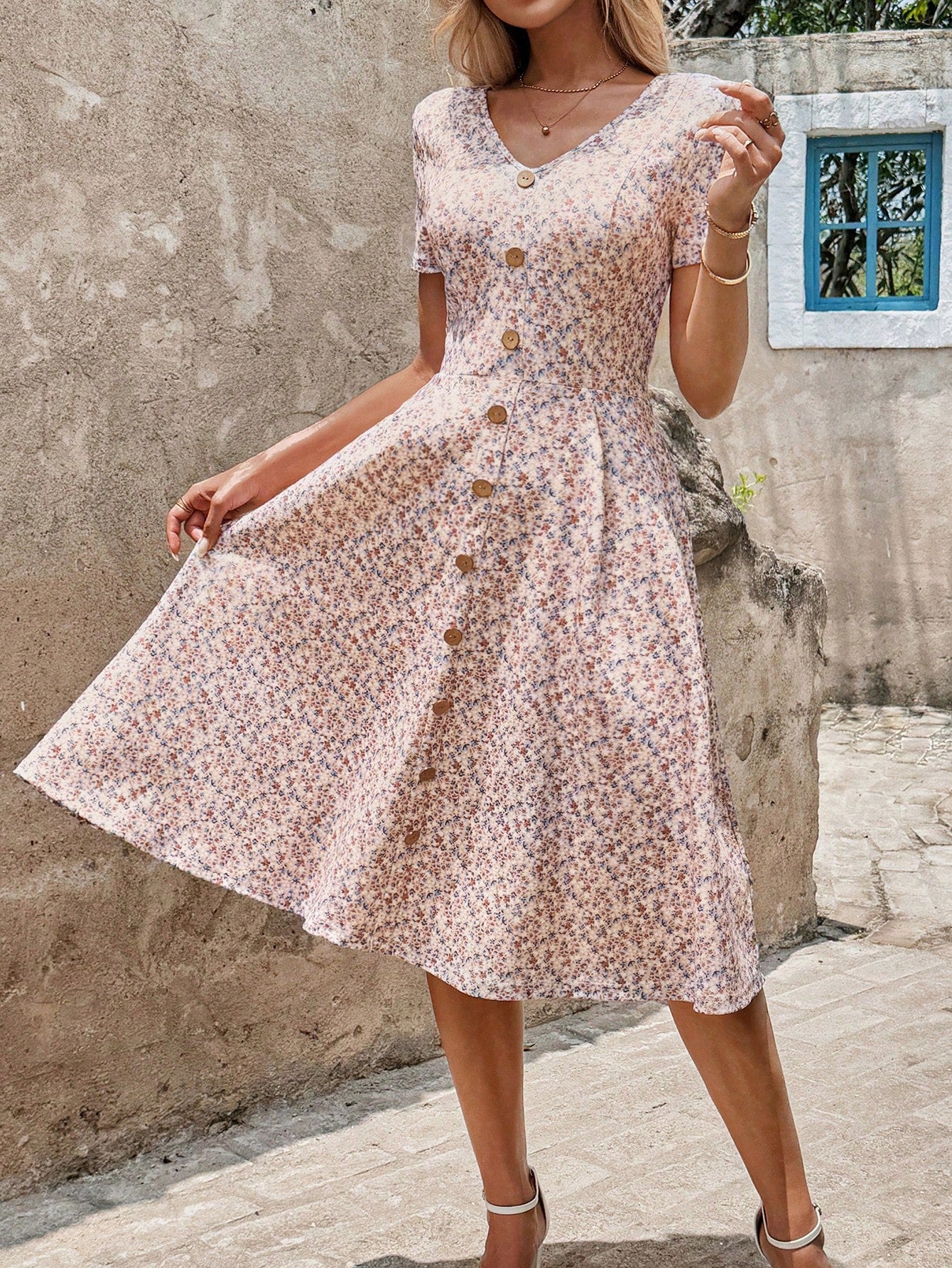 Clasi Women's V-Neck Short Sleeve White Floral Wood Button Midi Dress,Summer Boho Holiday Picnic A-Line Ditsy Flower Elastic Waist Casual Beach Party Outfit