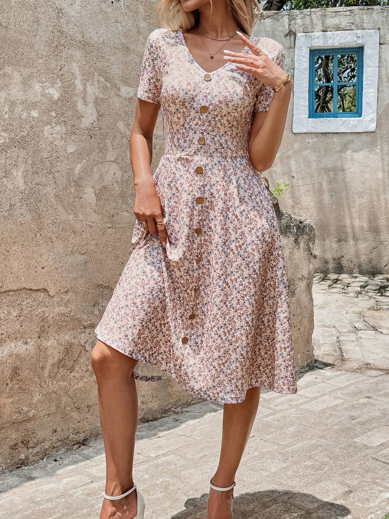 Clasi Women's V-Neck Short Sleeve White Floral Wood Button Midi Dress,Summer Boho Holiday Picnic A-Line Ditsy Flower Elastic Waist Casual Beach Party Outfit