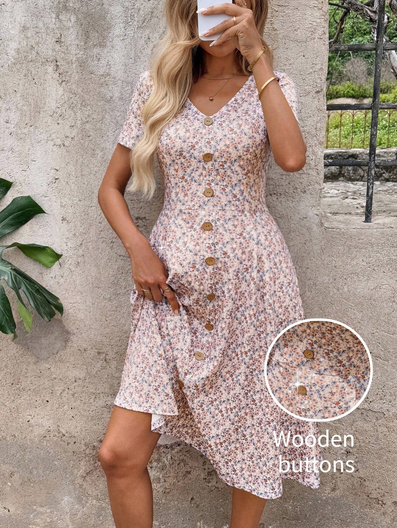 Clasi Women's V-Neck Short Sleeve White Floral Wood Button Midi Dress,Summer Boho Holiday Picnic A-Line Ditsy Flower Elastic Waist Casual Beach Party Outfit
