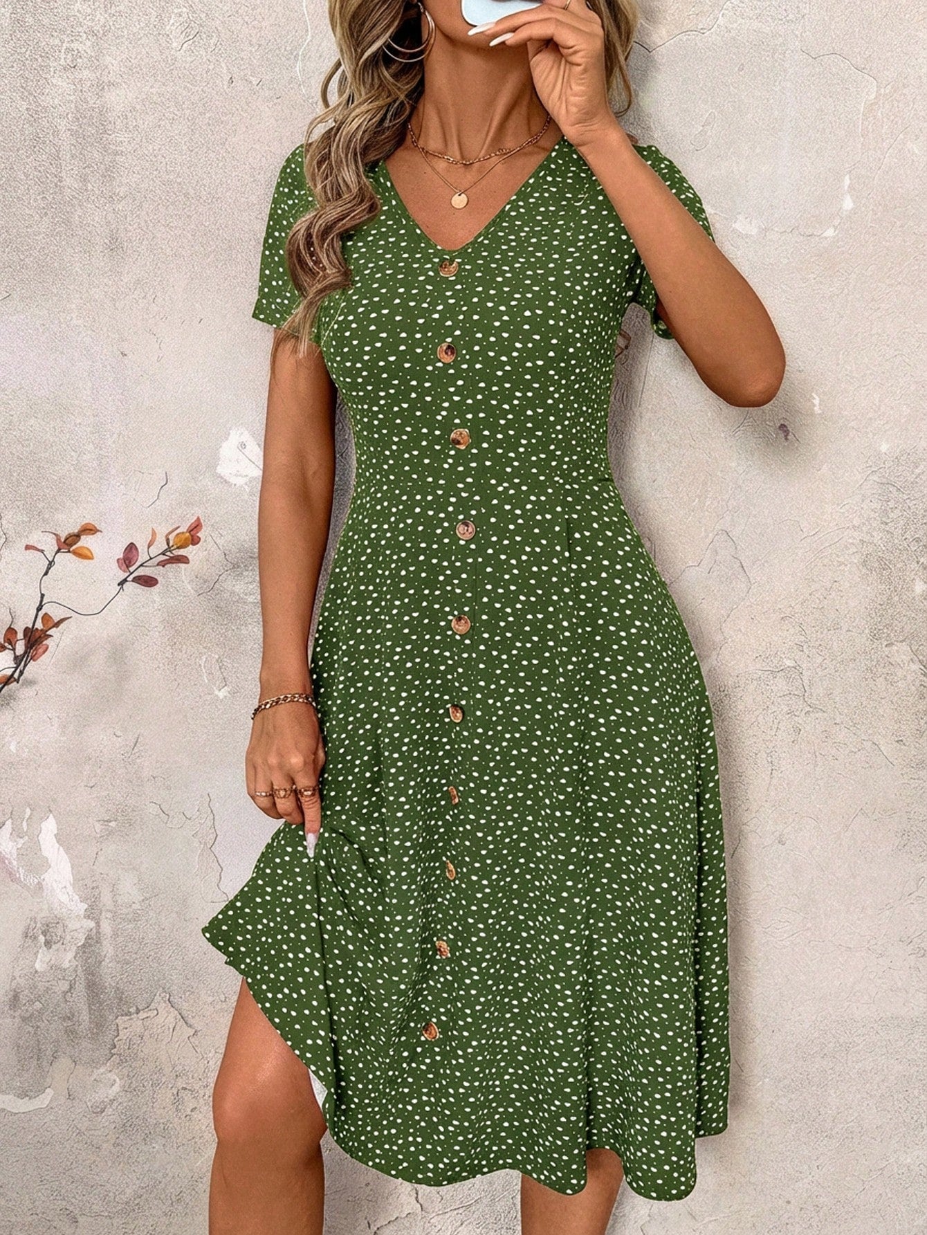 Clasi Women's V-Neck Short Sleeve White Floral Wood Button Midi Dress,Summer Boho Holiday Picnic A-Line Ditsy Flower Elastic Waist Casual Beach Party Outfit
