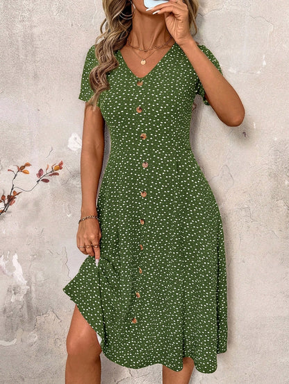 Clasi Women's V-Neck Short Sleeve White Floral Wood Button Midi Dress,Summer Boho Holiday Picnic A-Line Ditsy Flower Elastic Waist Casual Beach Party Outfit