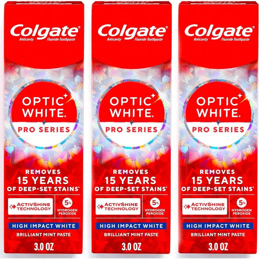 Colgate Optic White Pro Series High Impact White, 3 Pack, Teeth Whitening Toothpaste With 5 Hydrogen Peroxide And ActivShine, Brilliant Mint Flavor, 3.0 OZ