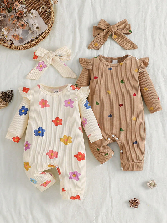 Colorful Cartoon Print Newborn Baby Romper, Heart & Flower All-Over Print, Casual Cute Knitted Comfortable