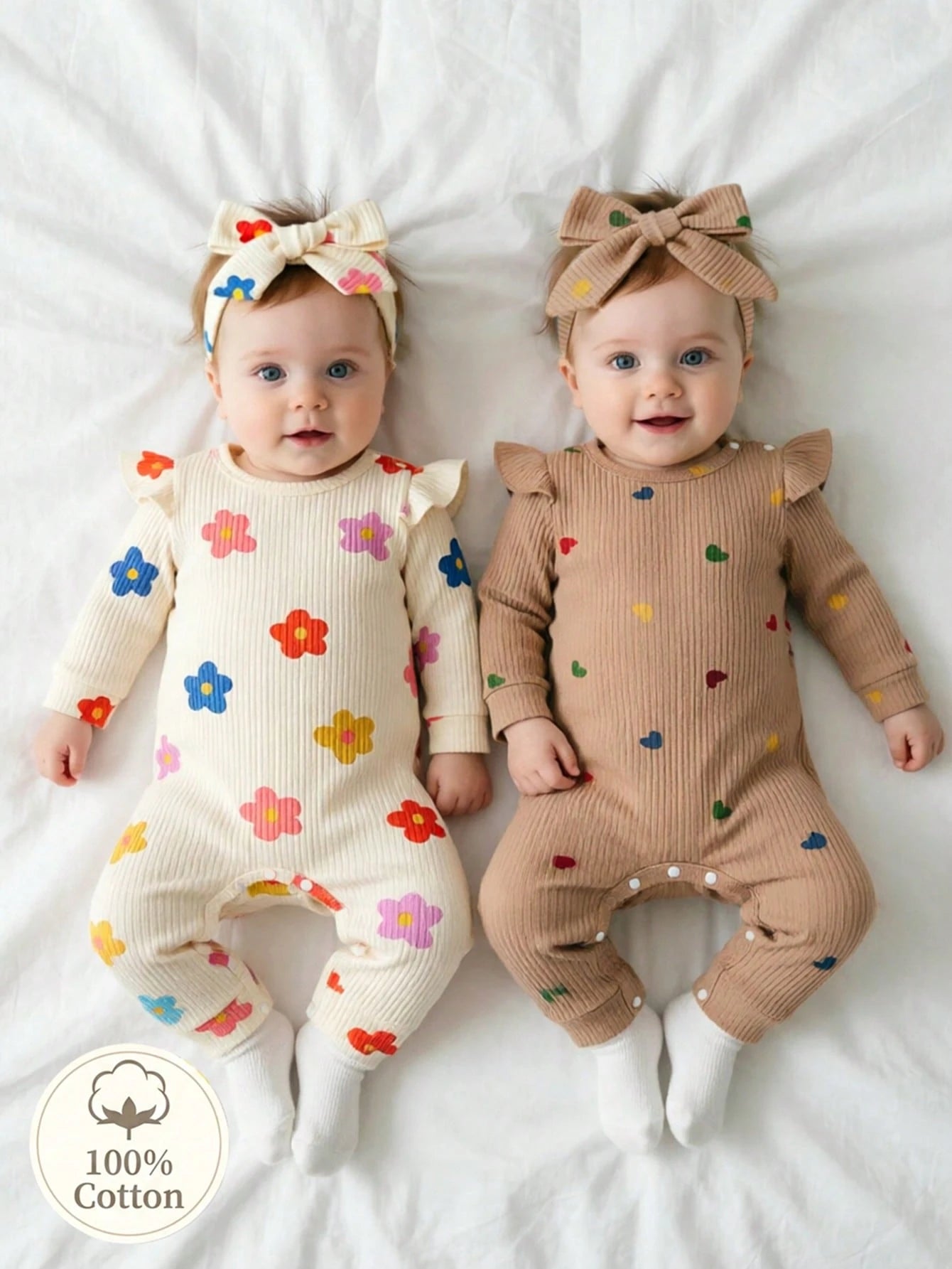 Colorful Cartoon Print Newborn Baby Romper, Heart & Flower All-Over Print, Casual Cute Knitted Comfortable
