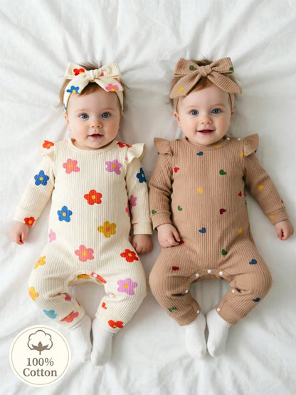 Colorful Cartoon Print Newborn Baby Romper, Heart & Flower All-Over Print, Casual Cute Knitted Comfortable