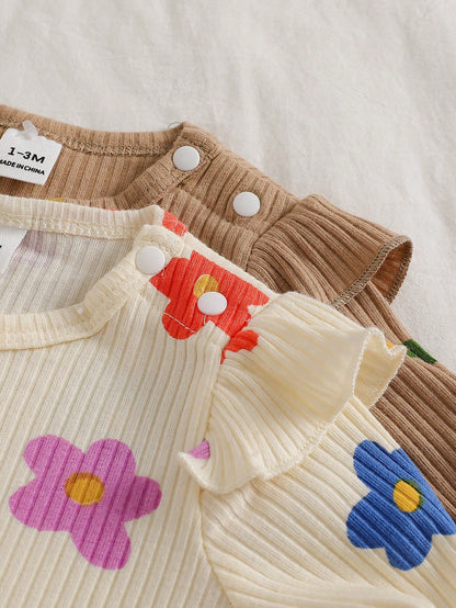 Colorful Cartoon Print Newborn Baby Romper, Heart & Flower All-Over Print, Casual Cute Knitted Comfortable