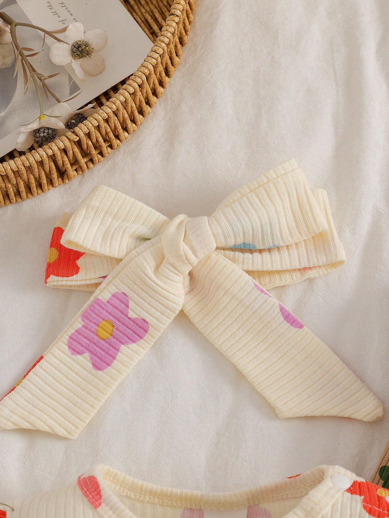 Colorful Cartoon Print Newborn Baby Romper, Heart & Flower All-Over Print, Casual Cute Knitted Comfortable
