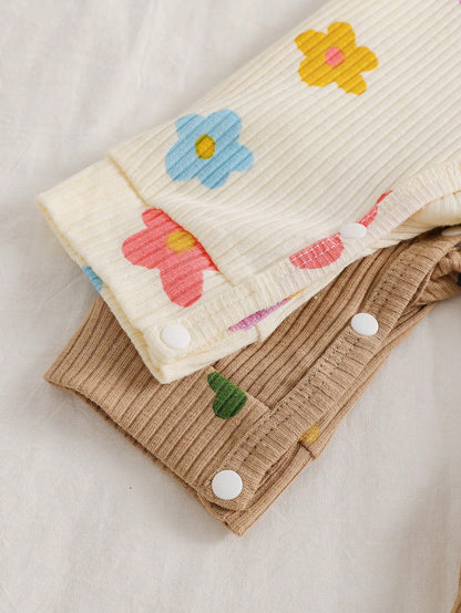 Colorful Cartoon Print Newborn Baby Romper, Heart & Flower All-Over Print, Casual Cute Knitted Comfortable