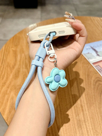 Colorful Flower Charm Wrist Phone Lanyard, Braided Anti-Lost Hand Strap With Universal Phone Tab, Cute Pastel Phone Wristlet Keychain Accessories