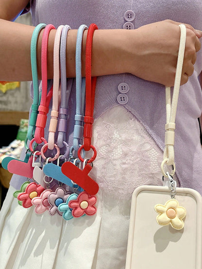Colorful Flower Charm Wrist Phone Lanyard, Braided Anti-Lost Hand Strap With Universal Phone Tab, Cute Pastel Phone Wristlet Keychain Accessories