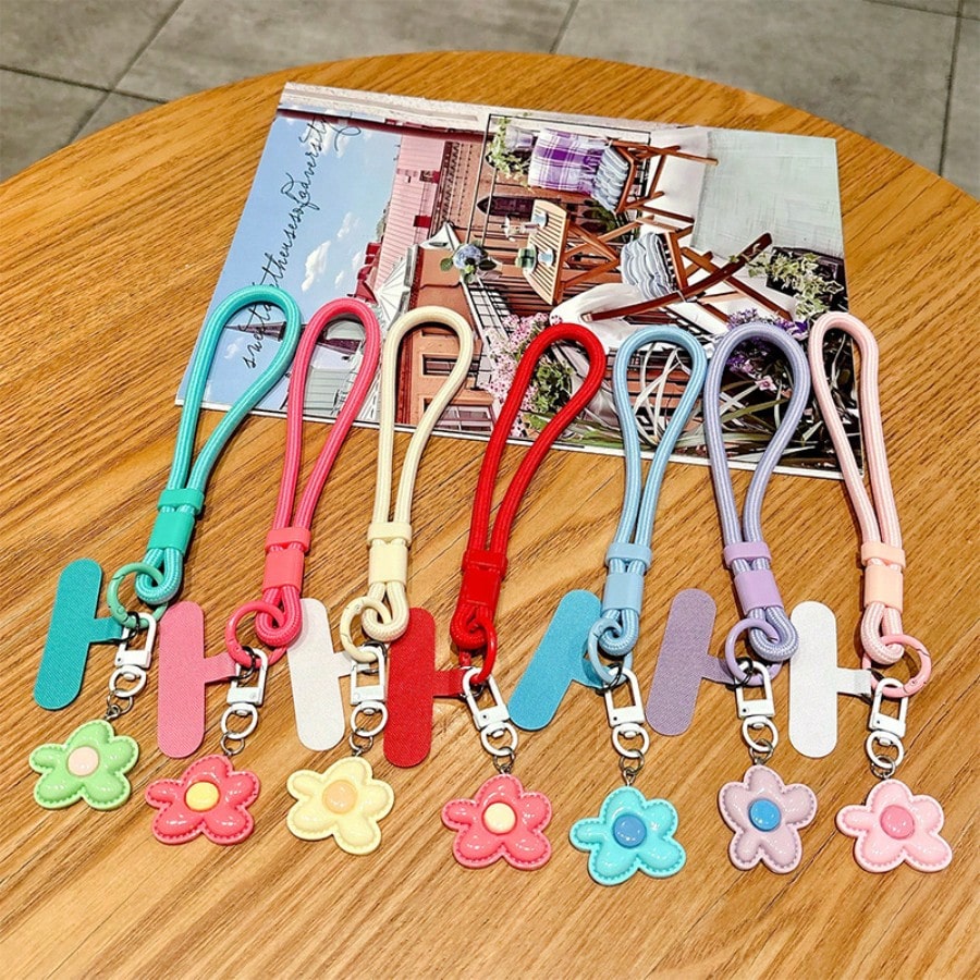 Colorful Flower Charm Wrist Phone Lanyard, Braided Anti-Lost Hand Strap With Universal Phone Tab, Cute Pastel Phone Wristlet Keychain Accessories