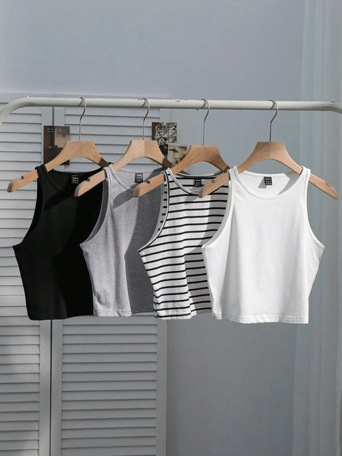 Comfortcana 1 Set Plus Size Women's Casual Formal Black Grey Black And White White Camisole, Versatile Sexy Fitted Tank Top For Summer Back To School Evening