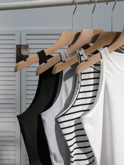 Comfortcana 1 Set Plus Size Women's Casual Formal Black Grey Black And White White Camisole, Versatile Sexy Fitted Tank Top For Summer Back To School Evening