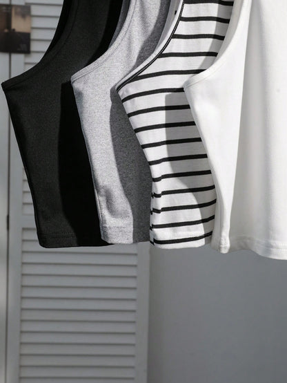 Comfortcana 1 Set Plus Size Women's Casual Formal Black Grey Black And White White Camisole, Versatile Sexy Fitted Tank Top For Summer Back To School Evening