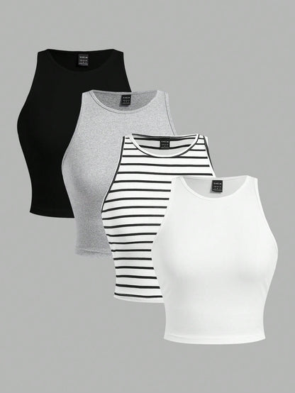 Comfortcana 1 Set Plus Size Women's Casual Formal Black Grey Black And White White Camisole, Versatile Sexy Fitted Tank Top For Summer Back To School Evening