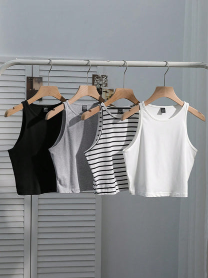 Comfortcana 1 Set Plus Size Women's Casual Formal Black Grey Black And White White Camisole, Versatile Sexy Fitted Tank Top For Summer Back To School Evening