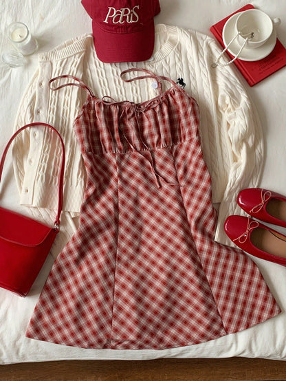 Comfortcana Fashionable Sexy Preppy Romantic Red And White Plaid Mini Dress For Women Summer Clothes Back-To-School New Year Elegant School Graduation